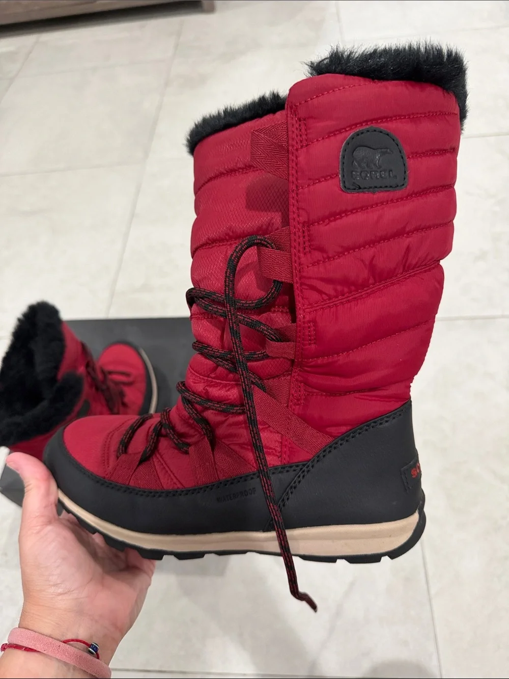Sorel Red Lace-Up Faux Fur-Trim Winter Boots
